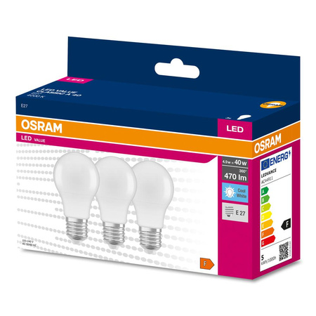 3x Żarówka LED A55 E27 4.9W = 40W 470lm 4000K Neutralna 200° VALUE CLASSIC Osram