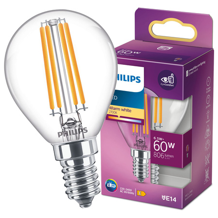 Żarówka LED Kulka E14 P45 6.5W = 60W 806lm 2700K Ciepła Filament PHILIPS