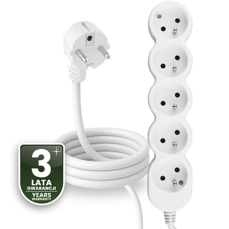 Przedłużacz Sieciowy Kabel z Uziemieniem Listwa Zasilająca 5 Gniazda 1.5m Biały Sznur Lendo Lumiled