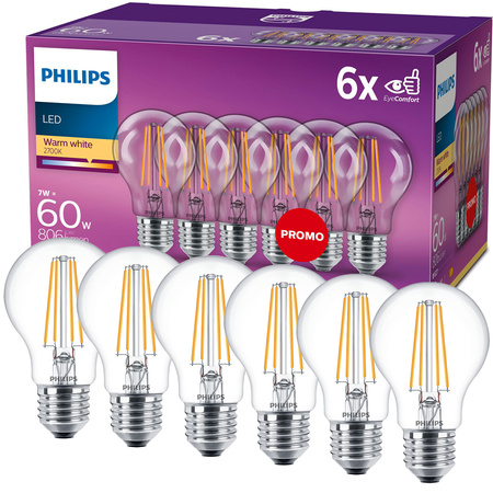 Zestaw 6x Żarówka LED E27 A60 7W = 60W 806lm 2700K Ciepła Filament PHILIPS
