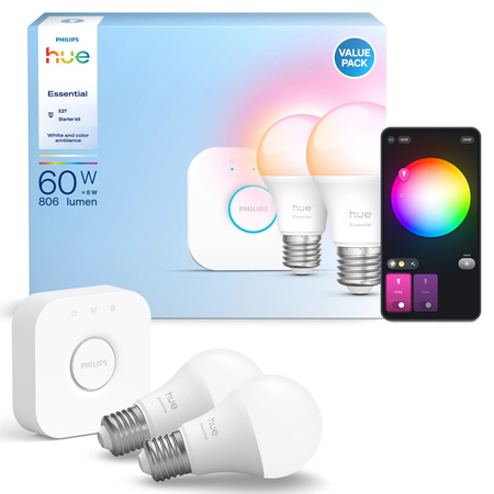 2x Żarówka LED E27 A60 8W = 60W 806lm 2200-6500K CCT + RGB SMART Inteligentna Bluetooth ZigBee White and Color Ambiance + Mostek Bridge Zestaw Startowy Philips HUE Essential