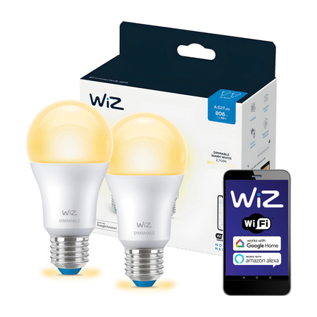 2x Żarówka LED E27 A60 8W = 60W 2700K Ciepła SMART WiFi WiZ