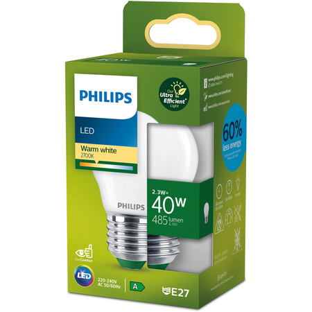 Żarówka LED E27 Kulka P45 2.3W = 40W 485lm 210lm/W 2700K Ciepła 300° KLASA A UltraEfficient Philips