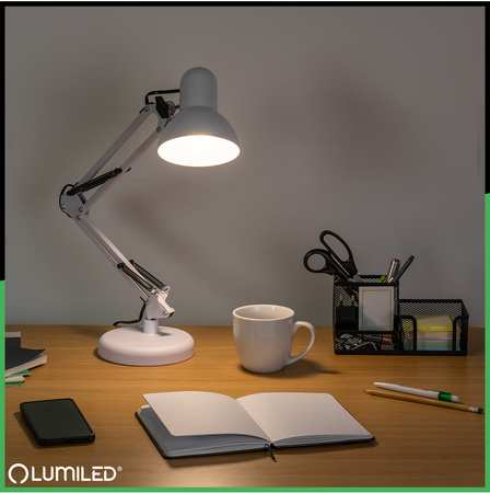 Lampka Biurkowa Kreślarska Stołowa E27 TOBI Biała Lumiled + uchwyt na blat