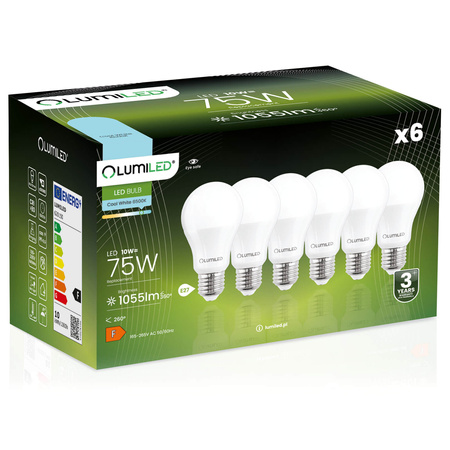 Zestaw 6x Żarówka LED A60 E27 10W = 75W 1055lm 6500K Zimna 260° LUMILED