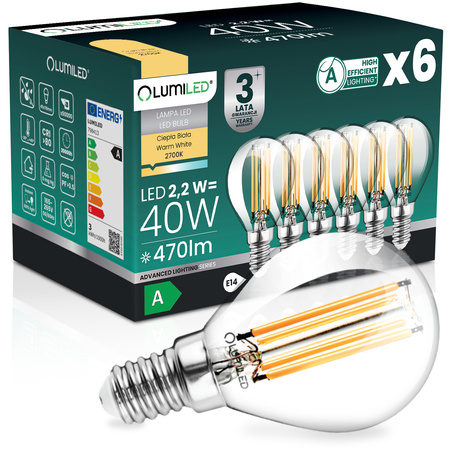 6x Żarówka LED E14 Kulka P45 2,2W 470lm = 40W 2700K Ciepła 360° Filament KLASA A LUMILED