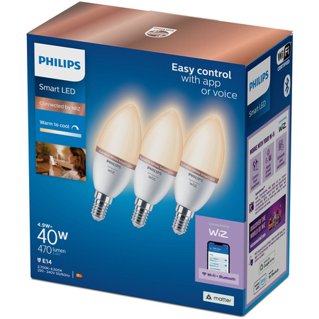 3x Żarówka LED E14 Świeczka C37 4.9W = 40W 470lm 2700-6500K TW Inteligentna SMART WiFi Bluetooth Aplikacja WiZ Philips