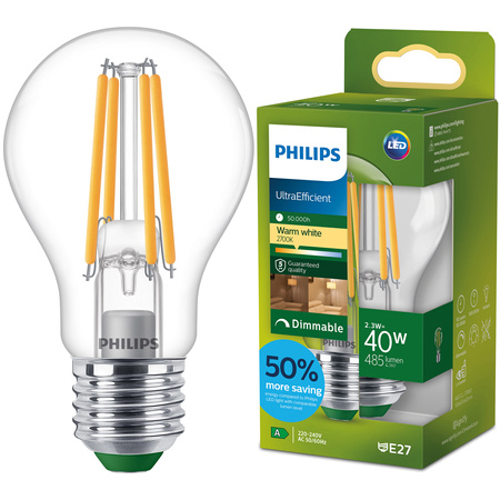 Żarówka LED E27 A60 2.3W = 40W 485lm 212lm/W 2700K Ciepła 300° KLASA A Ściemnialna UltraEfficient Philips