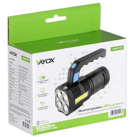 Latarka Akumulatorowa LED Szperacz 5W 250lm Lampka Ręczna Mocna 4XLED+COB VA0113 VAYOX
