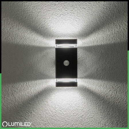Lampa Ogrodowa Kinkiet Elewacyjny góra dół 2x GU10 Czarny Czujnik Ruchu i Zmierzchu IP54 HEDERA LUMILED