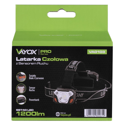Latarka Czołowa LED Akumulatorowa 1200 lm SST40 + Sensor Ruchu IP44 6 Trybów Pracy VA0103 Vayox