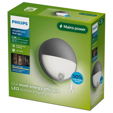 Kinkiet Ogrodowy Lampa Zewnętrzna Elewacyjna 4.3W 800lm 2700K Ciepła IP44 Antracyt z Czujnikiem Ruchu UltraEfficient Capricorn Philips