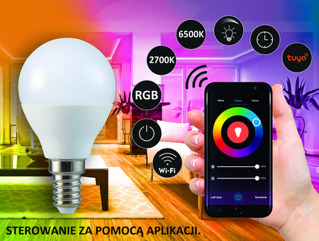 Żarówka LED E14 G45 5,5W 470lm 2700K-6500K RGB 150° GOLDLUX (Polux) Smart WiFi TUYA
