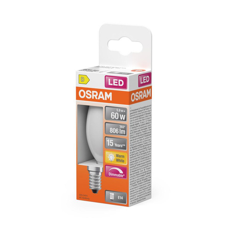Żarówka LED B35 Świeczka E14 5.9W = 60W 806lm 2700K Ciepła 300° Ściemnialna Retrofit Filament CLASSIC Osram