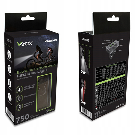 Latarka Lampka Przednia Rowerowa LED USB-C Uchwyt Światło 10 Trybów 750lm IP65 Funkcja Powerbank VAYOX