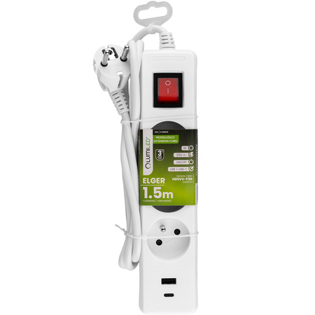 Przedłużacz Sieciowy Kabel z Uziemieniem Listwa Zasilająca 3 Gniazda 1.5m Włącznik ON/OFF Biały USB + USB-C Sznur ELGER Lumiled