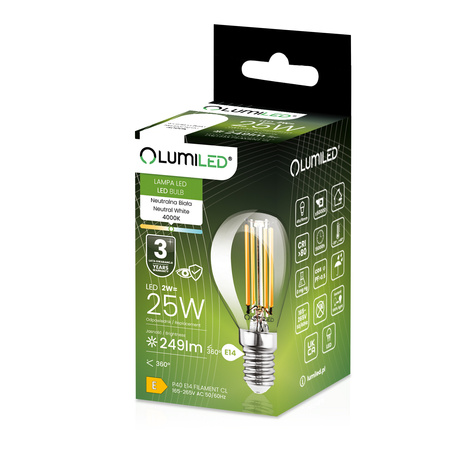 6x Żarówka LED E14 Kulka P45 2W = 25W 249lm 4000K Neutralna 360° FILAMENT LUMILED