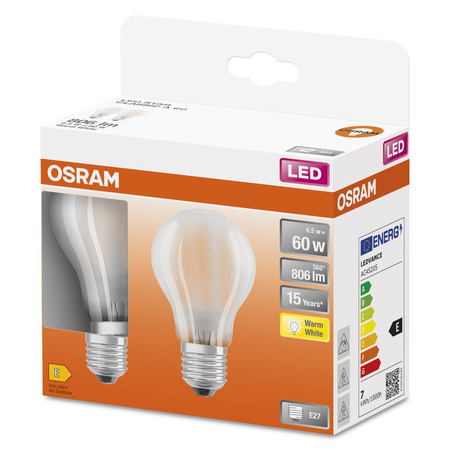 2x Żarówka LED A60 E27 6.5W = 60W 806lm 2700K Ciepła 300° Retrofit Filament CLASSIC Osram