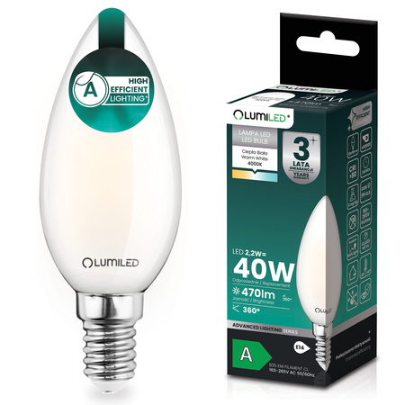 Żarówka LED E14 Świeczka B35 2,2W 470lm = 40W 4000K Neutralna 360° Filament KLASA A LUMILED