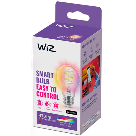 Żarówka LED E27 A60 6.3W = 40W 470lm 2200-6500K RGB + TW FILAMENT Inteligentna SMART WiFi Bluetooth Aplikacja WiZ
