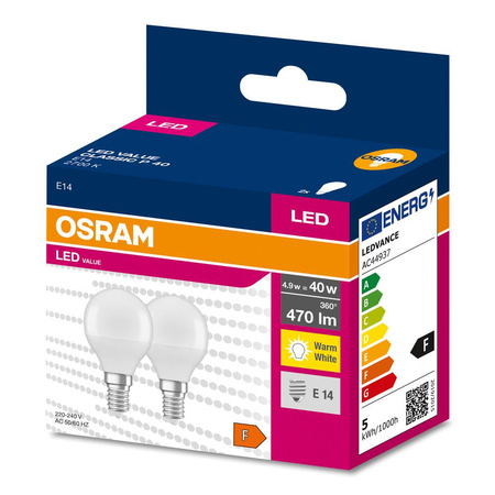 2x Żarówka LED P45 Kulka E14 4.9W = 40W 470lm 2700K Ciepła 200° VALUE CLASSIC Osram