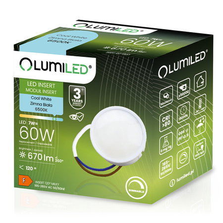 10x Wkład do Opraw LED Moduł INSERT Mleczny 7W = 60W 120° 670lm 6500K Zimny Ściemnialny LUMILED