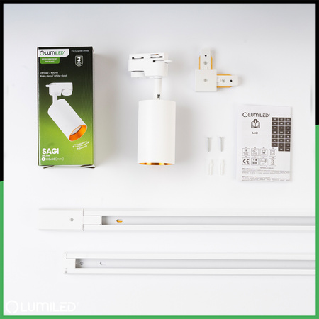 Zestaw Szyna Oświetleniowa Szynoprzewód 3m Biały + 5x Reflektor Szynowy SAGI GU10 Biało - Złoty + Łącznik L LUMILED
