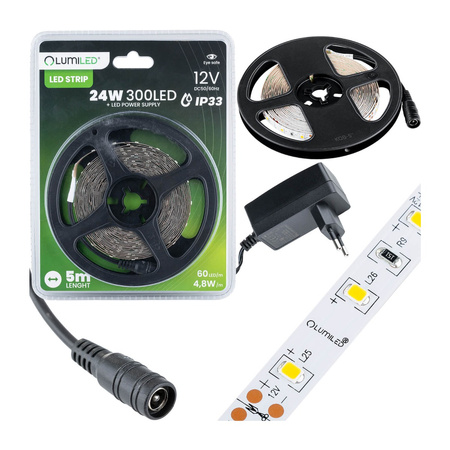 Zestaw Taśma LED Pasek 12V 24W 300LED SMD 2835 Zimna 8mm 5m + Zasilacz