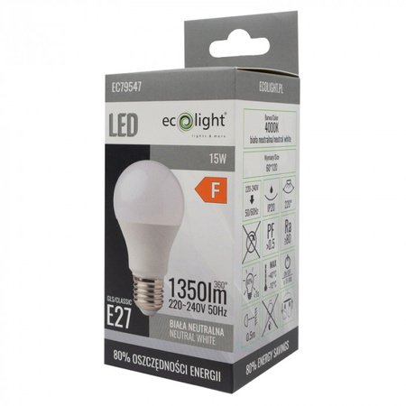 Żarówka LED A60 E27 15W 1350lm 4000K Neutralna Ecolight