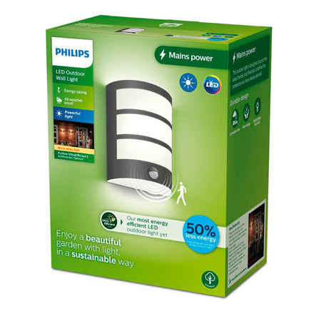 Kinkiet Ogrodowy Lampa Elewacyjna Zewnętrzna LED 3.8W 800lm 2700K z Czujnikiem Ruchu i Zmierzchu Antracyt Python Ultra Efficient Philips