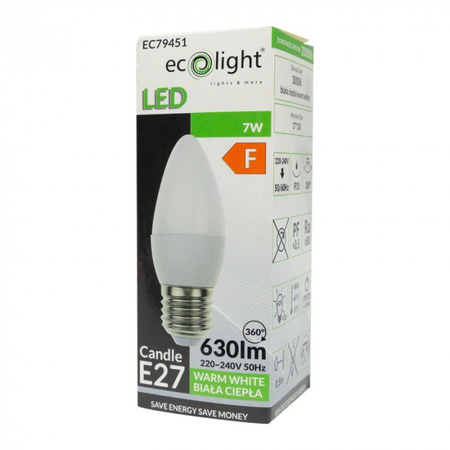 Żarówka LED Świeczka B37 E27 7W 630lm 3000K Ciepła Ecolight