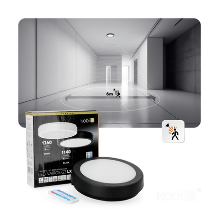Plafon LED Łazienkowy Sufitowy Natynkowy 12W 1140lm 4000K 120° z Czujnikiem Ruchu i Zmierzchu Czarny IP65 Nairos Kobi