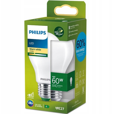 Żarówka LED E27 A60 210lm/W 4W = 60W 840lm 2700K Ciepła Filament Mleczna PHILIPS Ultra Efficient