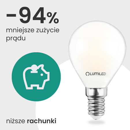 Żarówka LED E14 Kulka P45 2,2W 470lm = 40W 2700K Ciepła 360° Filament KLASA A LUMILED