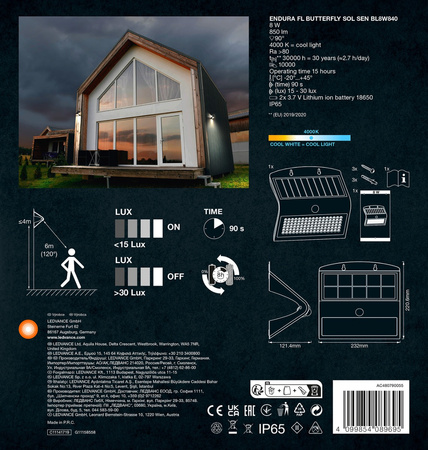 Lampa Solarna Ogrodowa Zewnętrzna Kinkiet Elewacyjny LED 8W 850lm 4000K IP65 Czarny Z Czujnikiem Ruchu i Zmierzchu Endura Ledvance