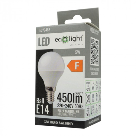 Żarówka LED Kulka P45 E14 5W 450lm 4000K Neutralna Ecolight