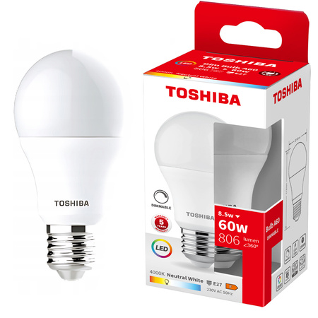 Żarówka LED E27 A60 8,5W = 60W 806lm 4000K Neutralna Ściemnialna TOSHIBA