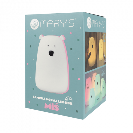 Lampka Nocna Dziecięca LED 0.4W 3000K Ciepła + Wielokolorowa RGB USB Akumulatorowa 1200mAh Biała + Pilot DUŻY MIŚ MARY'S