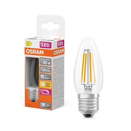 Żarówka LED B35 E27 Świeczka 3.4W = 40W 470lm 2700K Ciepła 320° Filament Ściemnialna SUPERSTAR Osram