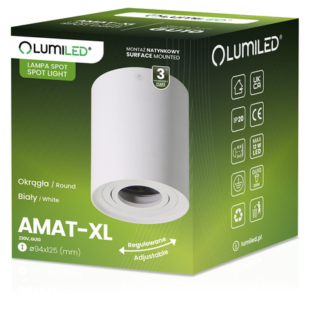 Oprawa Natynkowa HALOGENOWA Spot Tuba Ruchoma GU10 Okrągła Biała 125mm AMAT-XL LUMILED