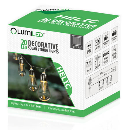Girlanda Solarna Ogrodowa 20x LED Ozdobne Żarówki 5,69m Ciepła 3000K HELIC LUMILED