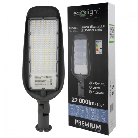 Lampa Uliczna Drogowa LED 200W 22000lm 6500K Zimna IP65 110lm/W PREMIUM Ecolight