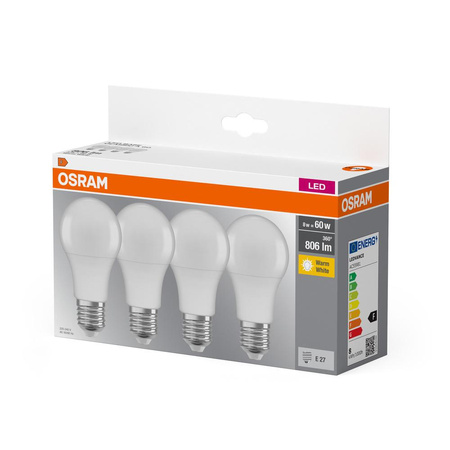 4x Żarówka LED A60 E27 8W = 60W 806lm 2700K Ciepła 150° BASE Osram