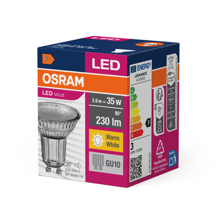 Żarówka LED PAR16 Reflektor GU10 2.6W = 35W 230lm 2700K Ciepła 36° VALUE Osram