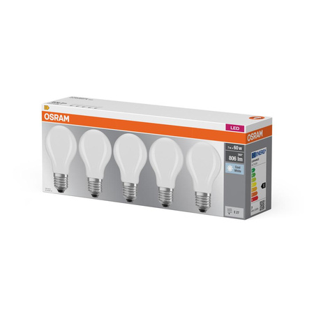 5x Żarówka LED A60 E27 6.5W = 60W 806lm 4000K Neutralna 300° BASE Osram