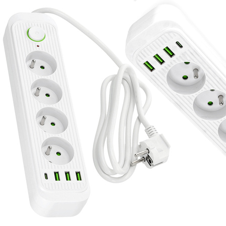 Przedłużacz  CONNECTO 4x230V 1,5m 4GN Uziemienie Wyłącznik 4xUSB Biały Kobi
