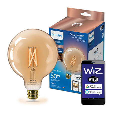 Żarówka LED E27 G125 7W = 50W Filament Bursztynowa SMART WiFi Philips WiZ