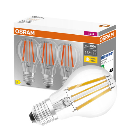 3PAK Żarówka LED E27 A60 11W = 100W 1521lm 2700K Ciepła 300° Filament OSRAM BASE