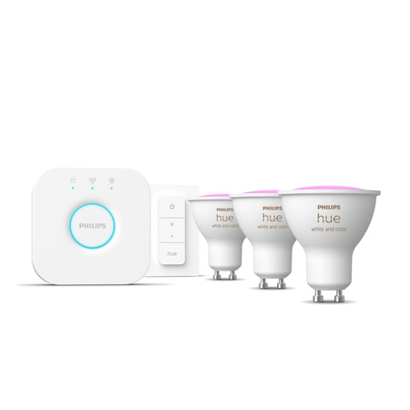 3PAK Żarówka LED GU10 4.2W CCT RGB PHILIPS HUE White & COLOR Ambiance Bluetooth Zigbee + Mostek Hue Bridge + Przełącznik Dimmer Switch