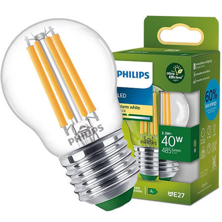 Żarówka LED Kulka E27 210lm/W P45 2.3W = 40W 485lm 2700K Ciepła Filament PHILIPS Ultra Efficient